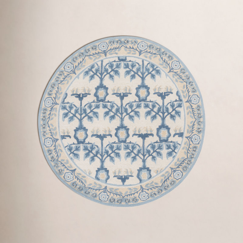 Ivory and Blue Floral Hand-Tufted Wool, Cotton, and Viscose Area Rug, Round 6'