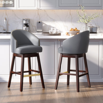 Swivel 30'' Faux Leather Bar Stool with Solid Wood Legs, Blue Gray