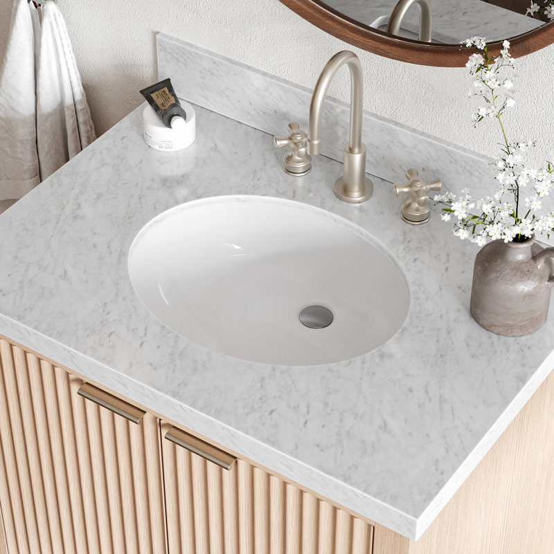 Meuble-lavabo simple 30 po en bois massif avec plateau en marbre de Carrare 1,5 po en chêne, lavabo ovale, Chêne, Ovale