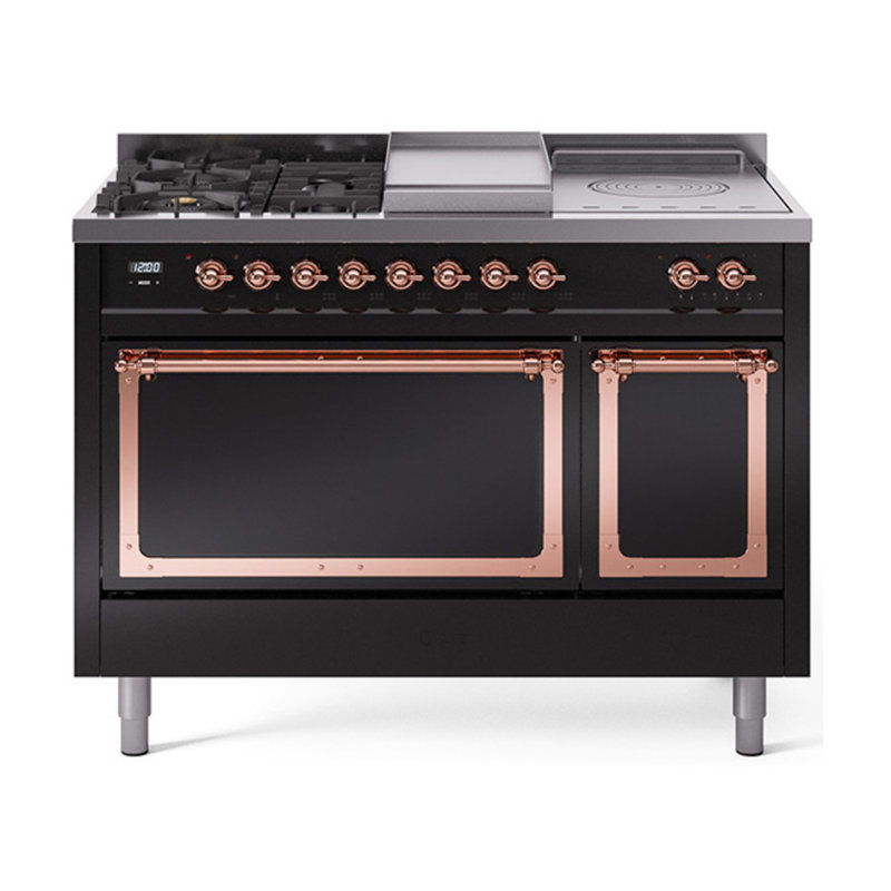 Cuisinière à double combustible ILVE Nostalgie II Series 48 po avec 5 brûleurs scellés, plaque de cuisson et table française (gaz naturel, porte pleine)