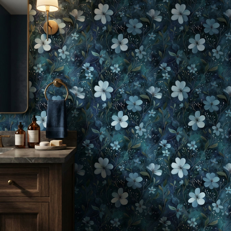 Papier peint floral, peinture murale abstraite bleue, Peler et coller