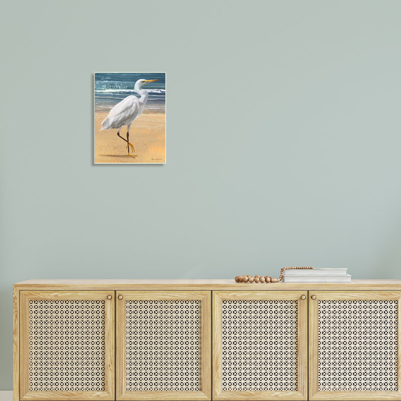 Oiseau héron blanc debout sur la plage, art mural par Diane Neukirch, H 19 po x l 13 po x P 0,5 po