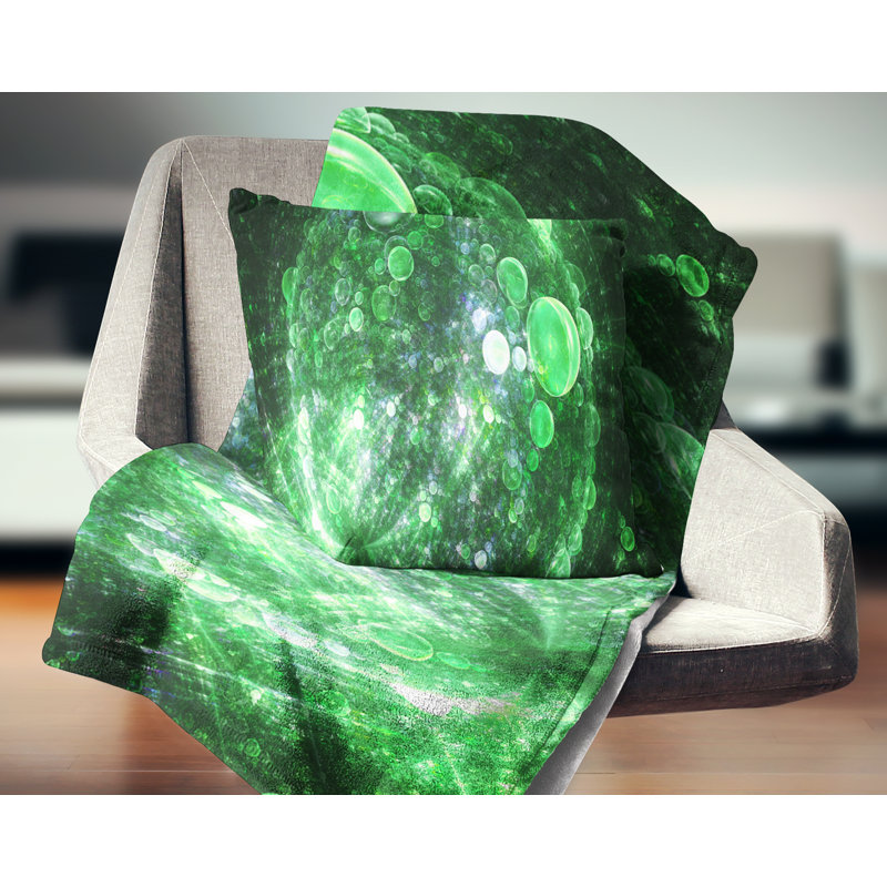 Bulles sphériques sphériques - coussin imprimé abstrait, 18 po x 18 po, Noir / Vert, Coussin décoratif