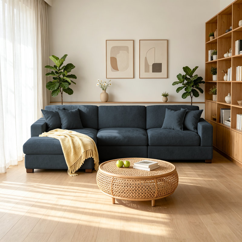Canapé modulaire rembourré 3 pièces en chenille 3 pièces, Chenille bleu, Orienté à gauche (vu de face)