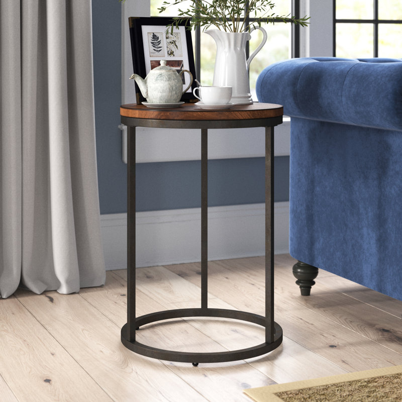 Modern Brown 18-Inch Round Side Table with Industrial Steel Frame