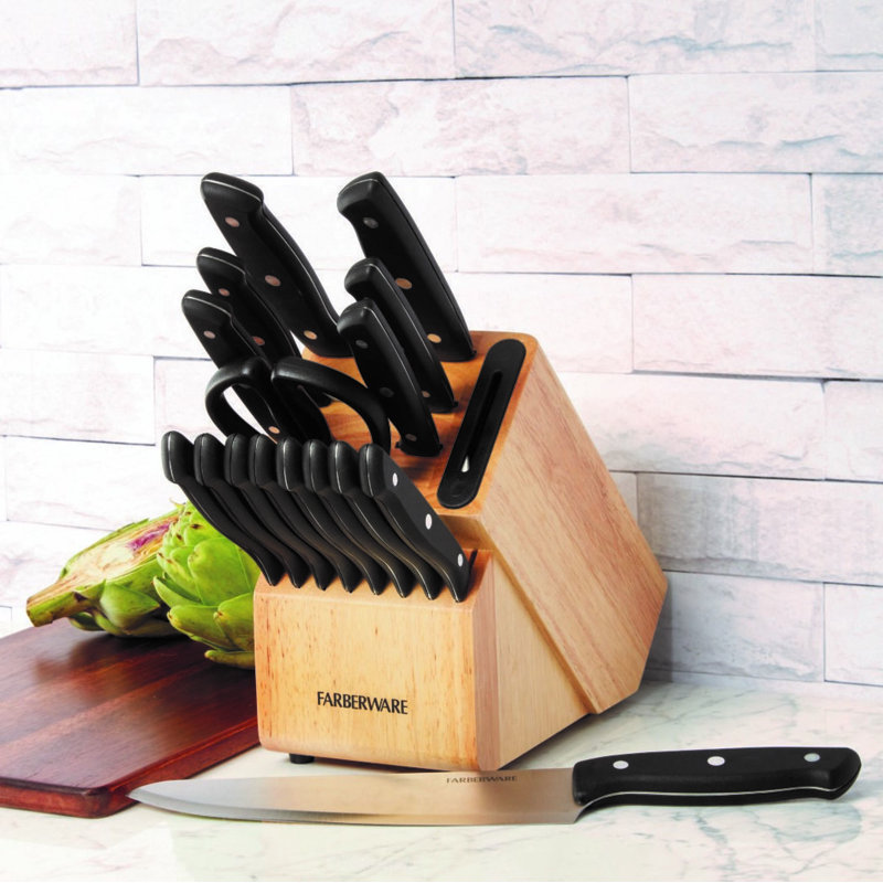 Farberware Edgekeeper 16-Piece Triple Rivet Stainless Steel Knife Block Set with Built-In Sharpener