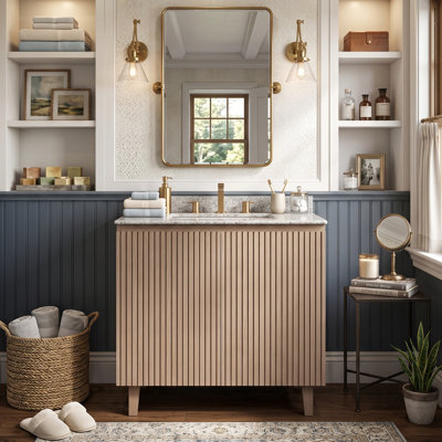 Meuble-lavabo sur pied moderne à rainures, avec comptoir en granit naturel et lavabo encastré en céramique, armoire en contreplaqué à fermeture amortie et étagère réglable (30 po / 36 po / 48 po)