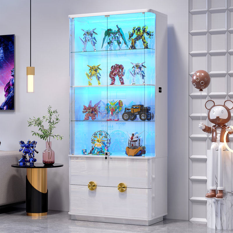 71'' H Display Cabinet With Human Sensor Light, Lockable Storage Cabinet with Adjustale Shelves, White