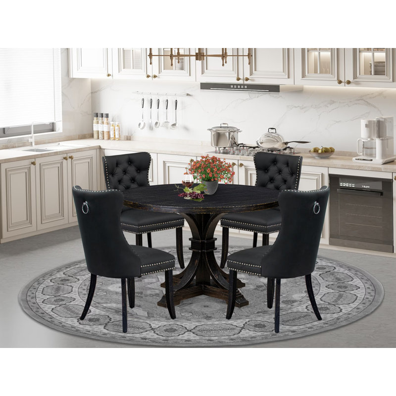 Ensemble de table de cuisine 5 pièces avec similicuir 4 chaises de salle à manger gris foncé, un dossier capitonné et une table ronde de 48 po au fini noir sablé.