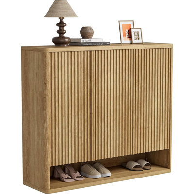 46-inch Wooden Shoe Cabinet with Fluted Door & Adjustable Shelves, Holds 30-35 Pairs for Entryway