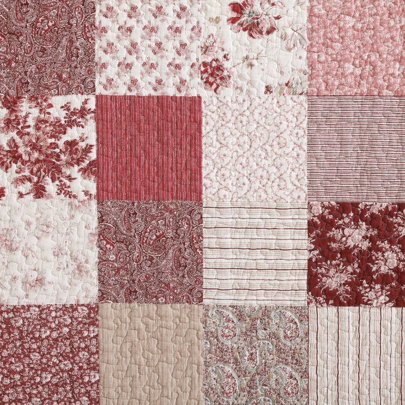 Laura Ashley Celina Patchwork Cotton Reversible Quilt Set, Queen, Cranberry