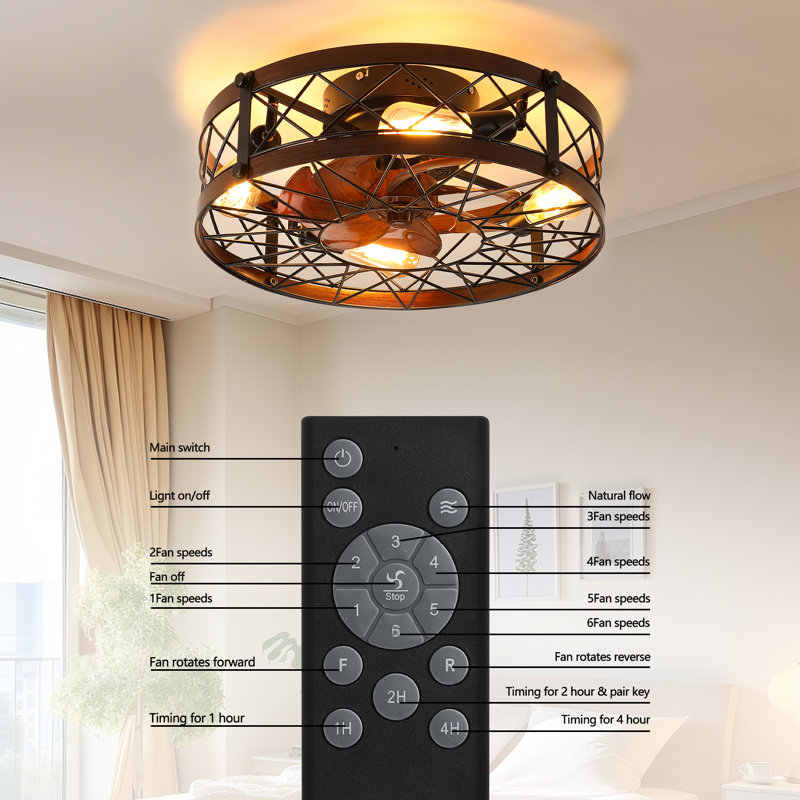 Stay Cool & Stylish Year-Round: 20" Black Farmhouse Caged Ceiling Fan With Remote & Built-In Light(Set Of 2)