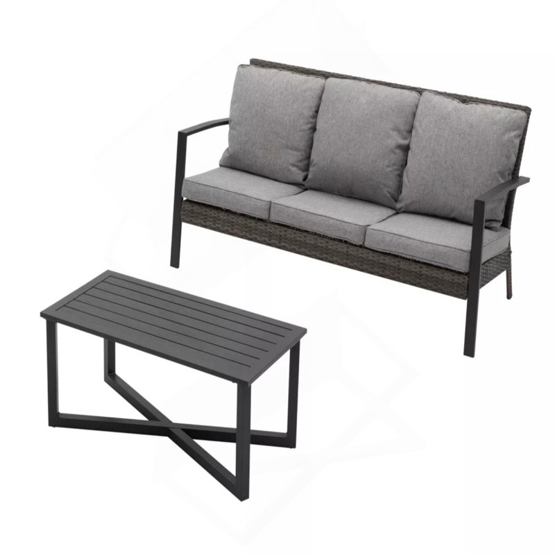 Ensemble de conversation 2 pièces en osier avec coussins et table basse, Grey