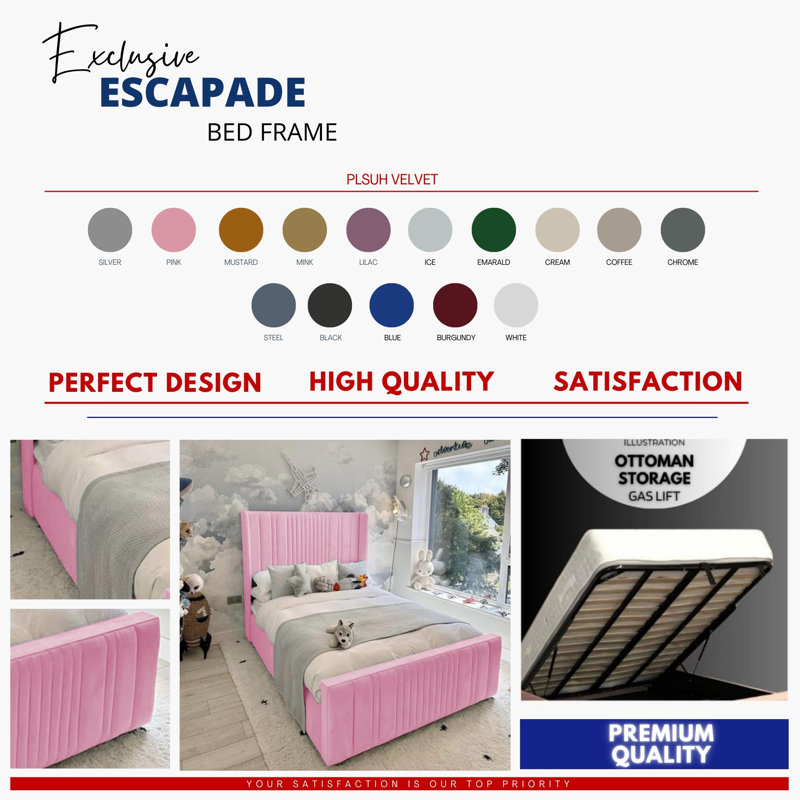 Monai Bed - Wingback Ottoman Storage with Plush Velvet Gas Lift and Headboard, Pink