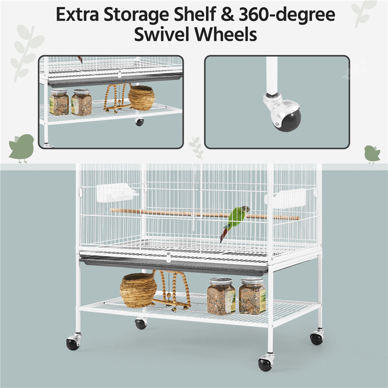 White 52'' Rolling Steel Bird Cage with Perches and Storage