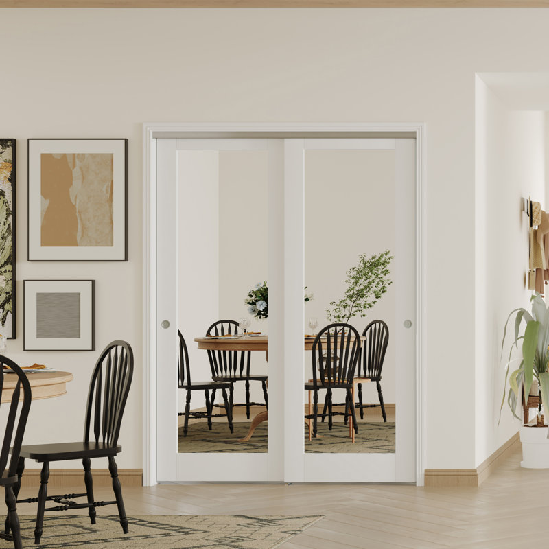2 MDF Interior Slab Doors with Aluminium Hardware Bypass Sliding Door Full Lite Mirror Glass Design, 64" x 80"