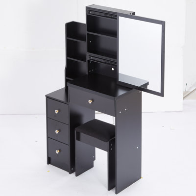 Petite coiffeuse 29,2 po avec tabouret de chevet gauche + tabouret rembourré, très grand miroir coulissant à droite, rangement multi-couches à grande capacité, commode pratique et pratique, convient aux petits espaces