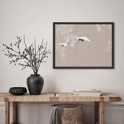 «Flying Cranes with Bamboo Motif in Minimalist Style», affiche rustique encadrée