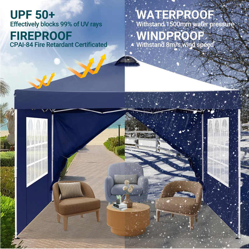COBIZI 118" W x 118" D Pop Up Canopy Tent with 4 Sidewalls, UPF 50+Waterproof Outdoor Canopy with Air Vent, Dark Blue