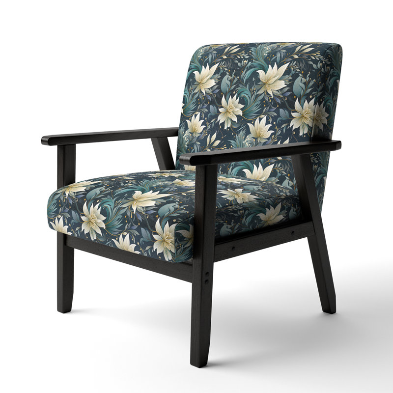 Cobalt Blue Scrollwork Swirls Victorian Pattern II - Upholstered Floral Accent Chair, White Embracing Meditative Lotusl Zen