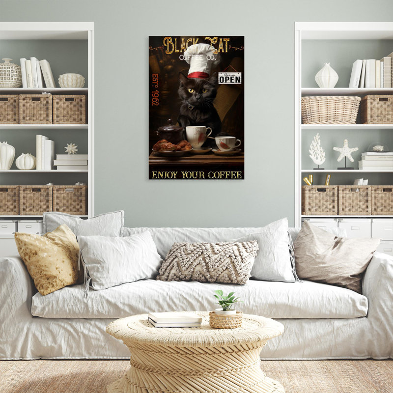 Black Cat Coffee Co - 1 pièce, impression sur toile tendue, H 36 po x l 24 po x P 1,25 po