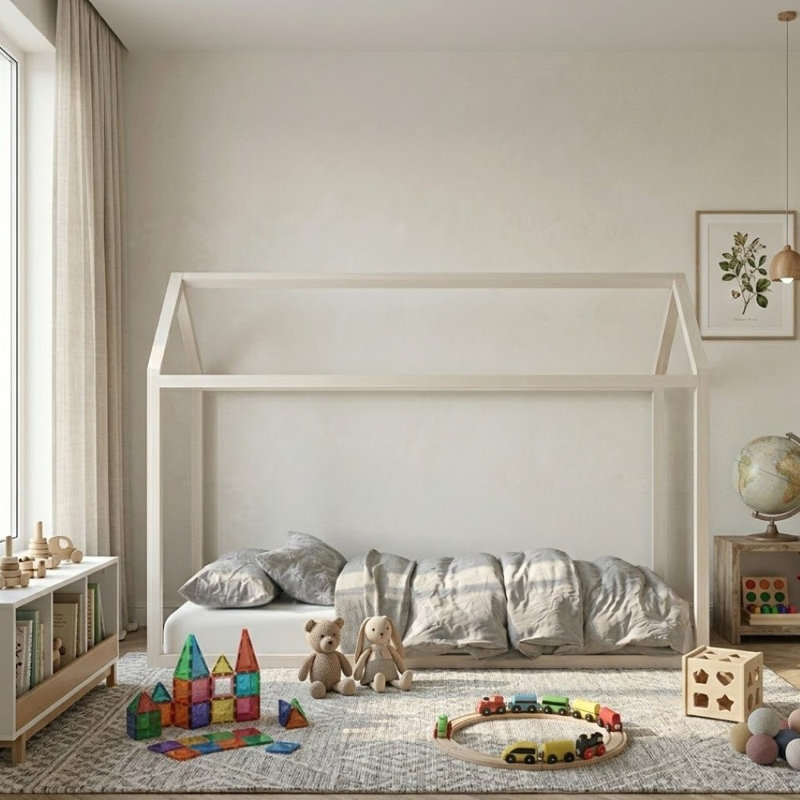 Solid Wood Kids Canopy Bed Frame, Antique Gray, Full