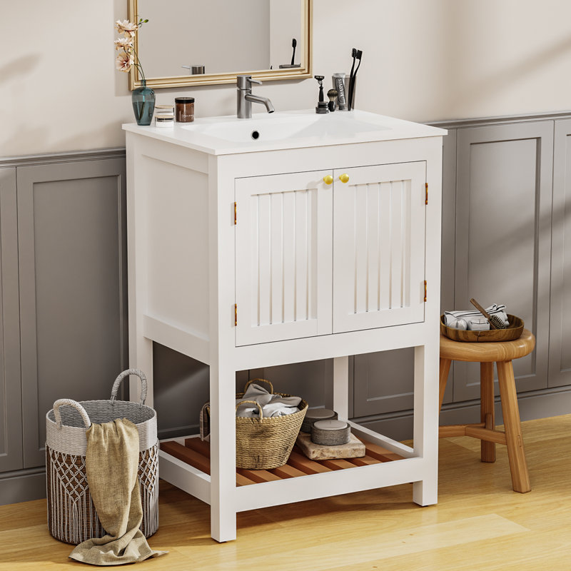 Meuble-lavabo autoportant 24 po avec lavabo, porte double et tablette ouverte 24 po, blanc, Blanc, 24"