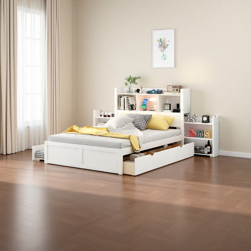 Lit plateforme double avec tablettes coulissantes, Blanc