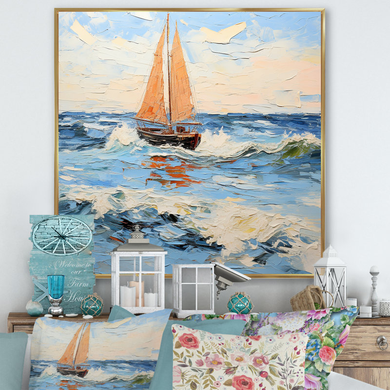 Bateau à voile orange orange Horizon III - bateau, art mural, Cadre simple argenté, H 16 po x l 16 po x P 1 po