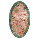 1920s Beige Roses AntiqueChinese Art Deco Oval Rug 4' x 6'10" Knotted Carpet
