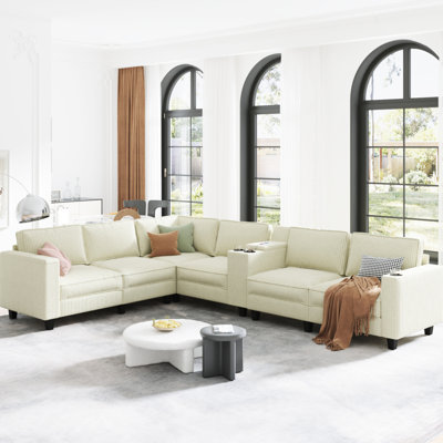 Ensemble de conversation en L 6 places en velours côtelé de 133,4 po x 94,4 po avec console centrale, fonction de rangement, siège réglable, sièges rembourrés en mousse, abat-jour beige, idéal pour les grands espaces de vie