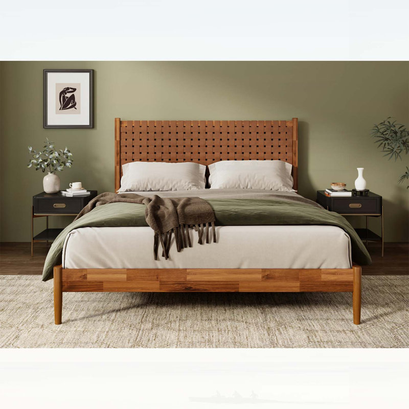 Grand lit plateforme en bois d'acacia avec tête de lit en cuir végétalien tissé à la main, style Mid-Century moderne, aucun sommier requis