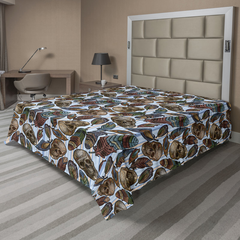 Drap plat Ambesonne Skulls Plumes exotiques sur rayures cacao foncé bleu ciel pâle, Drap plat pour très grand lit californien