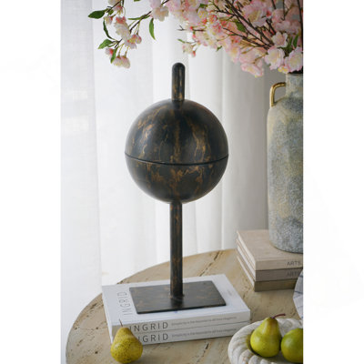 8X8x19" Black And Gold Iron Orb Sculpture Tray
