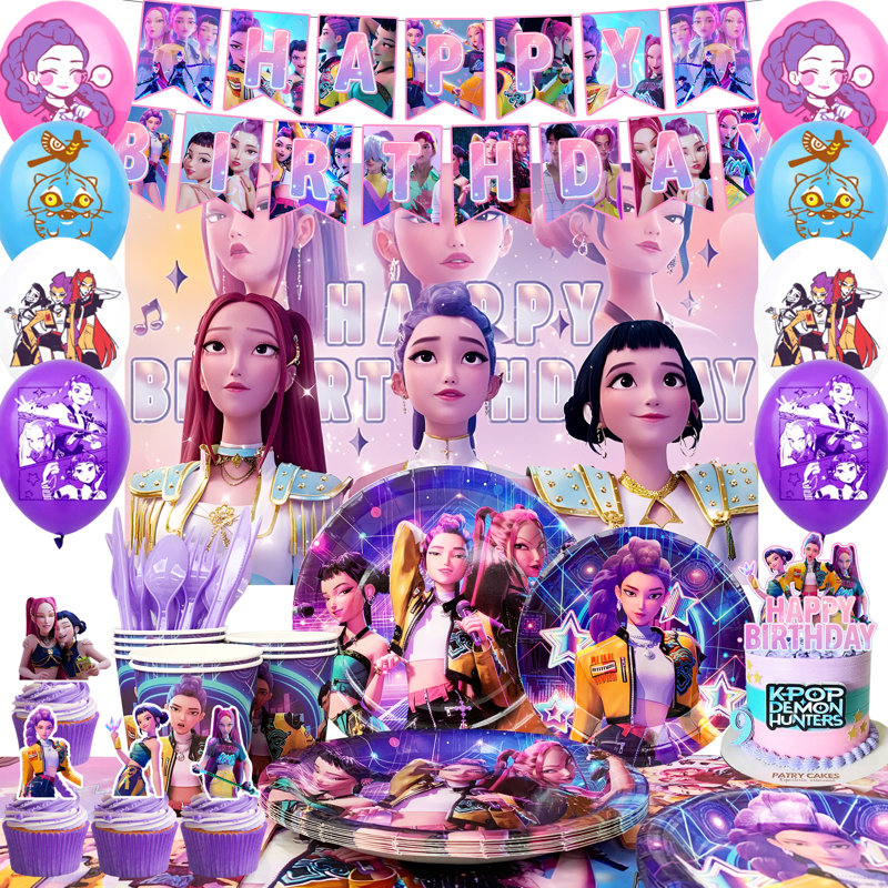 Ensemble de 112 pièces de décorations et de vaisselle pour une fête d'anniversaire K-pop Demon Hunters