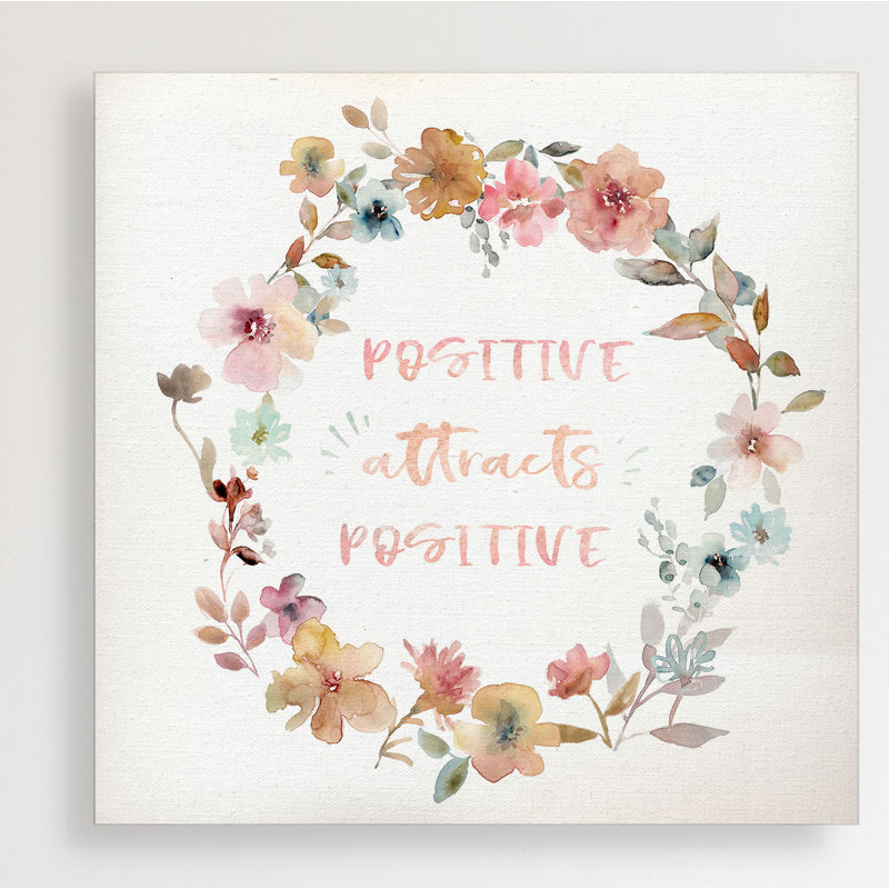 « positive attirez le positif », art textuel sur toile tendue, H 10 po x l 10 po x P 1,5 po
