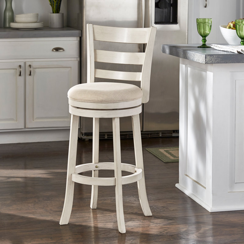Tabouret de bar et de comptoir pivotant Adelynn, Blanc antique, Lin beige, Tabouret de bar (hauteur de siège de 29,96 po)