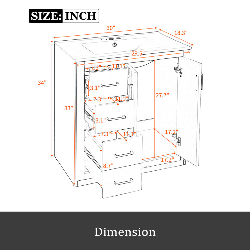 30'' Bathroom Vanity With Ceramic Sink Combo,Solid Wood Frame Bathroom Storage Cabinet, Freestanding Vanity Set With 3 Drawers& Soft Closing Doors