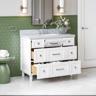 Ariel Monroe 43 Inch Single Rectangular Sink Bathroom Vanity With Italian Carrara Marble Countertop