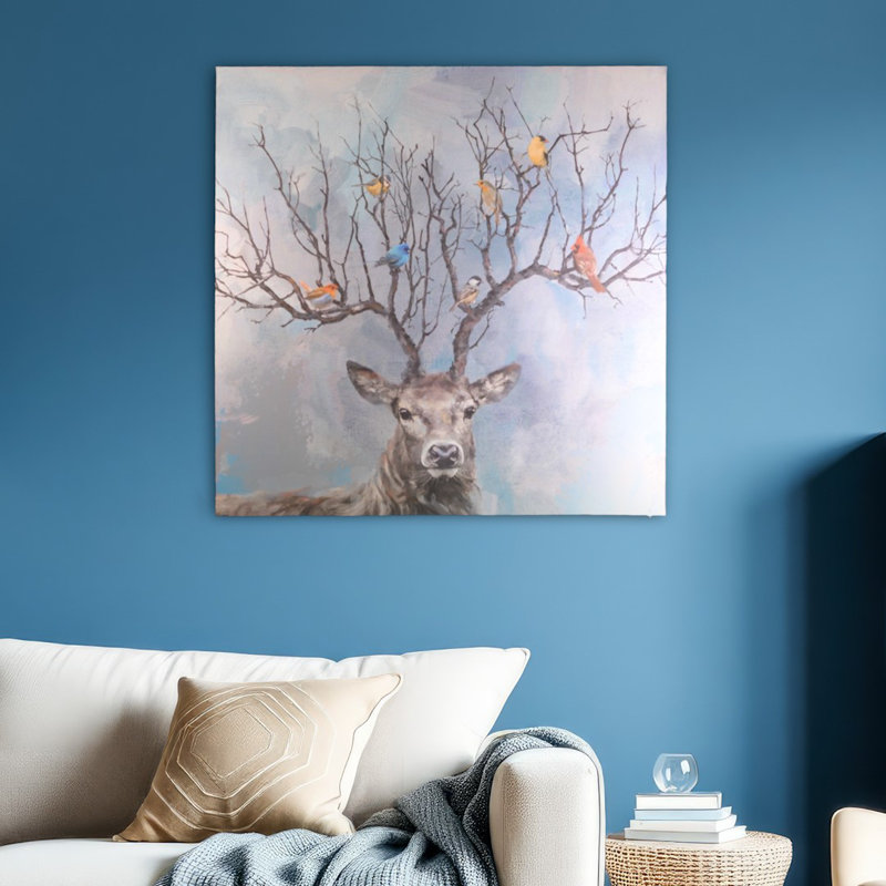 «Nearest & Dearest» par Studio Arts - impression d'art sur toile, cerf avec oiseaux, H 24 po x l 24 po x P 1,5 po