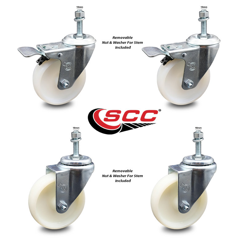 4 Inch SS Nylon Wheel 10mm Threaded Stem Caster Set 2 Total Lock Brake SCC