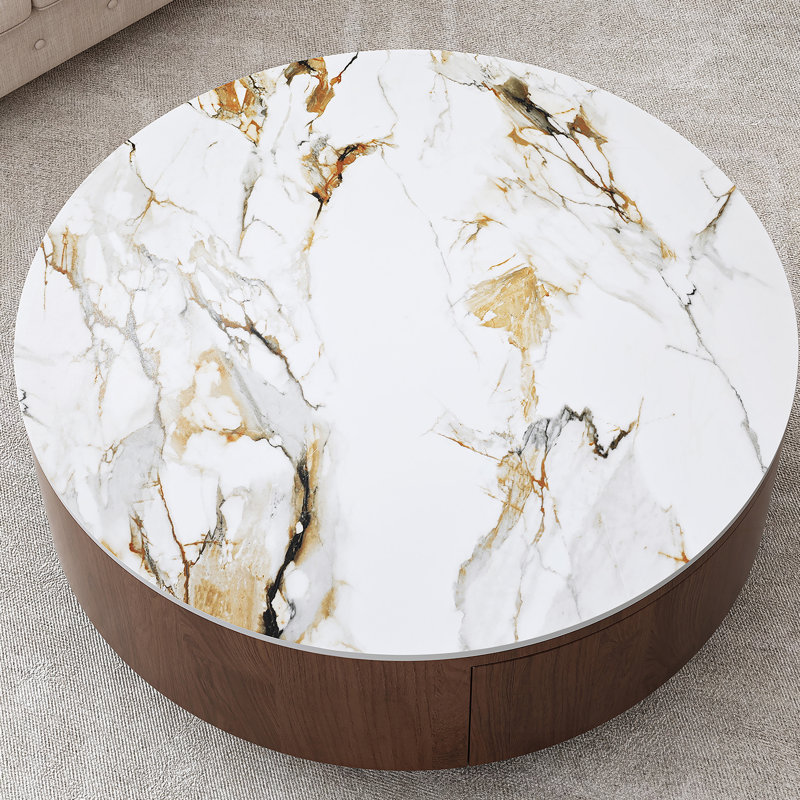 Table basse ronde en bois avec plateau en faux marbre
