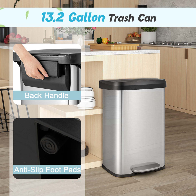Silver Stainless Steel 13 Gallon Pedal Trash Can with Soft Close Lid