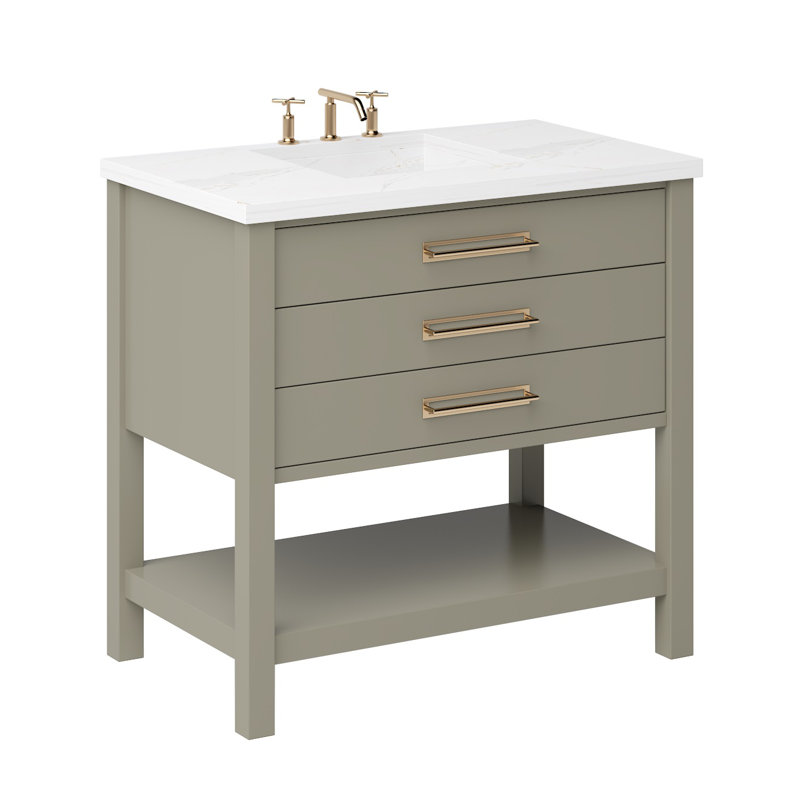 Kiawah Three-Drawer Single Bath Vanity, French Olive, Satin Gold, 36"