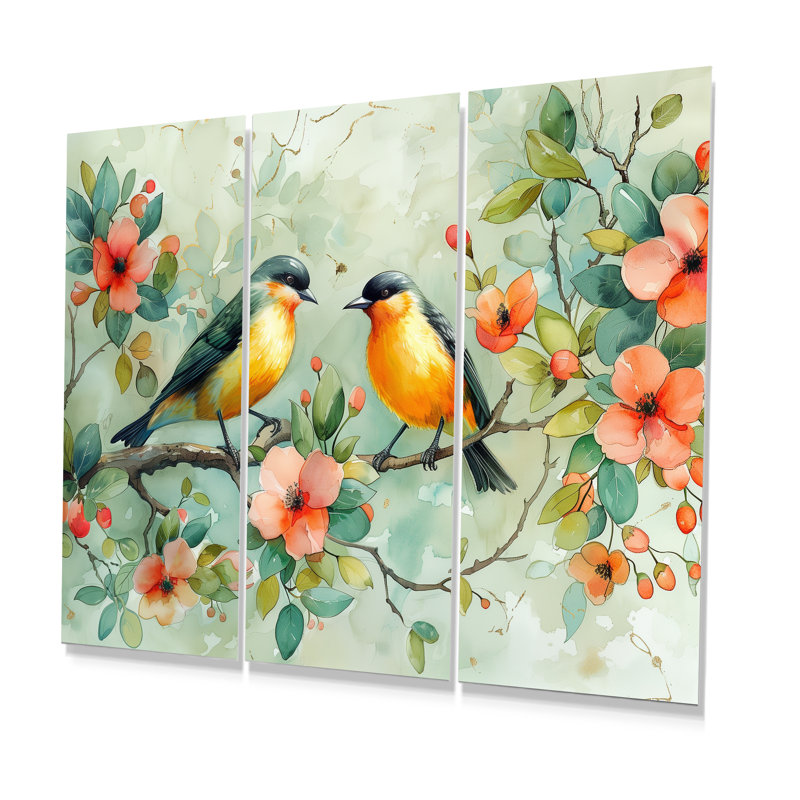 Ensemble de salon art mural jaune et vert avec oiseaux Eden I, Métal métal, H 40 po x l 60 po x P 1 po