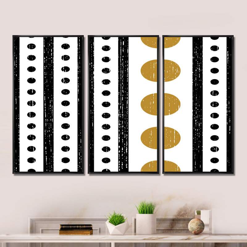 Rétro motif géométrique abstrait VI - impression de cadre photo sur toile 3 pièces, Cadre noir, H 28 po x l 36 po x P 1 po