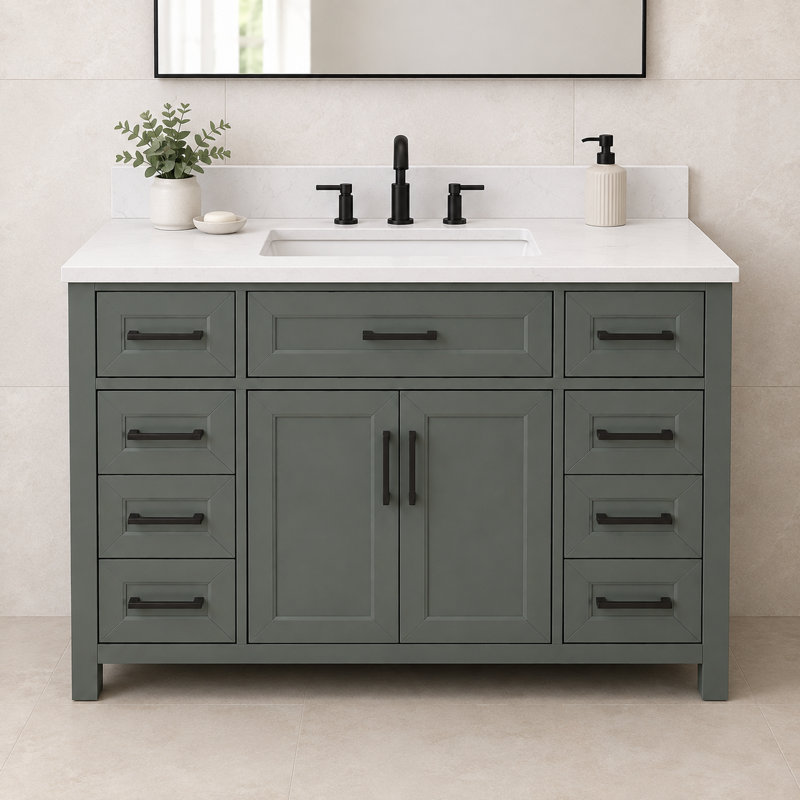 Meuble-lavabo autoportant de 48 po L x 22 po P avec comptoir en quartz, construction en bois massif (9 tiroirs et 2 portes à fermeture en douceur)
