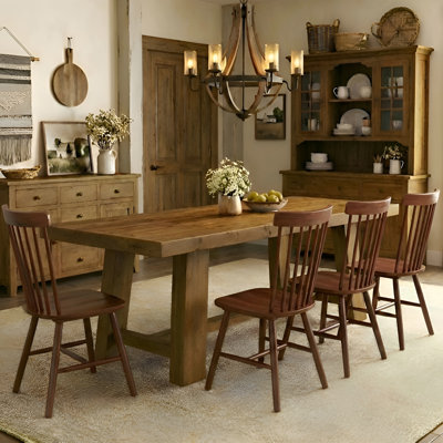 Solid Wood Dining Table Set, Rectangular Distressed Pine Dining Table And Slat Back Windsor Dining Chairs For Kitchen/Dining Room
