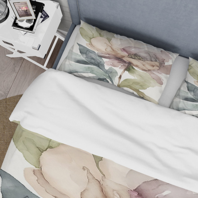 Ensemble de housse de couette rose en aquarelle pivoine fleurie II, Housse de couette pour très grand lit et 2 très