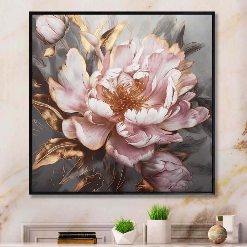 «Pink Gold Pe pivoens Petals» - reproduction d'art sur toile encadrée, H 30 po x l 30 po, Reproduction avec cadre flottant